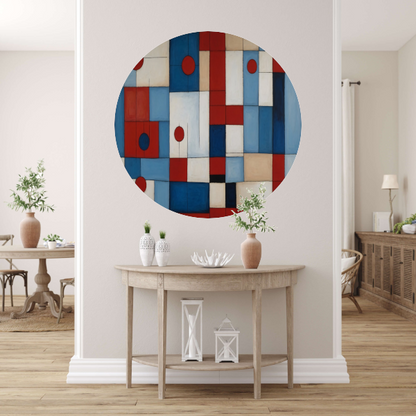 Geometrische harmonie in rood en blauw aluminium muurcirkel