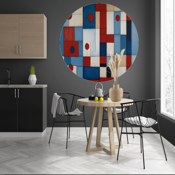 Geometrische harmonie in rood en blauw aluminium muurcirkel