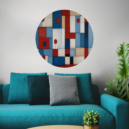 Geometrische harmonie in rood en blauw aluminium muurcirkel