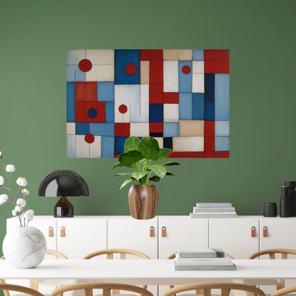 Geometrische harmonie in rood en blauw canvas met baklijst