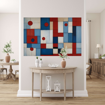 Geometrische harmonie in rood en blauw canvas met baklijst