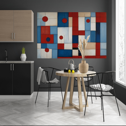 Geometrische harmonie in rood en blauw canvas met baklijst