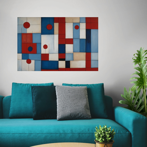 Geometrische harmonie in rood en blauw canvas met baklijst