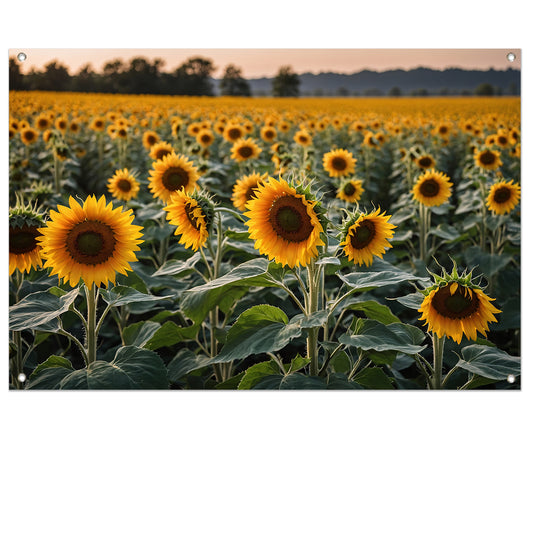 Uitgestrekt zonnebloemveld bij zonsondergang tuinposter