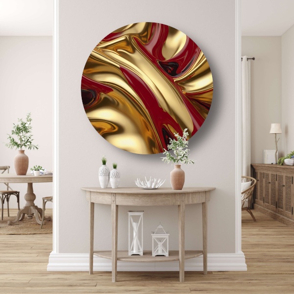 Abstracte golven in goud en rood aluminium muurcirkel