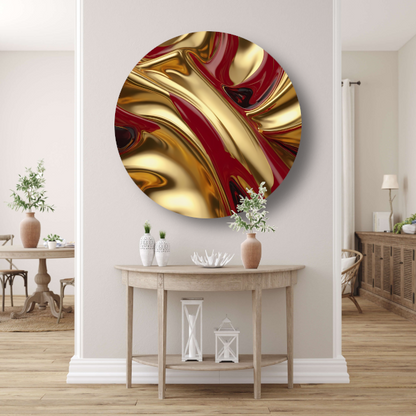 Abstracte golven in goud en rood aluminium muurcirkel