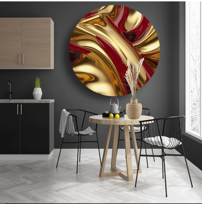 Abstracte golven in goud en rood aluminium muurcirkel