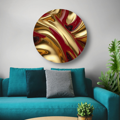 Abstracte golven in goud en rood aluminium muurcirkel