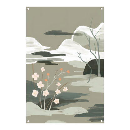 Minimalistisch schilderij met bloesems en bergen tuinposter