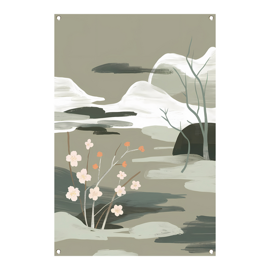 Minimalistisch schilderij met bloesems en bergen tuinposter