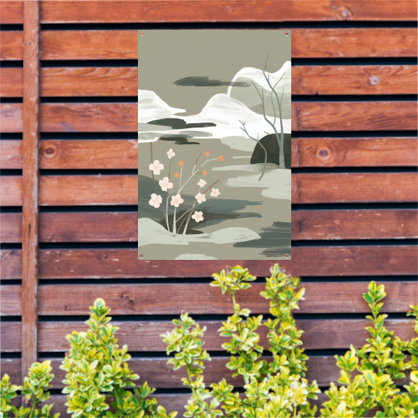 Minimalistisch schilderij met bloesems en bergen tuinposter