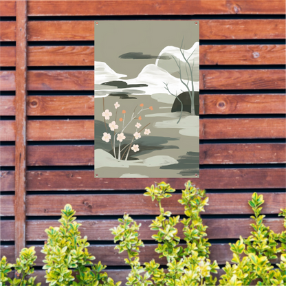 Minimalistisch schilderij met bloesems en bergen tuinposter