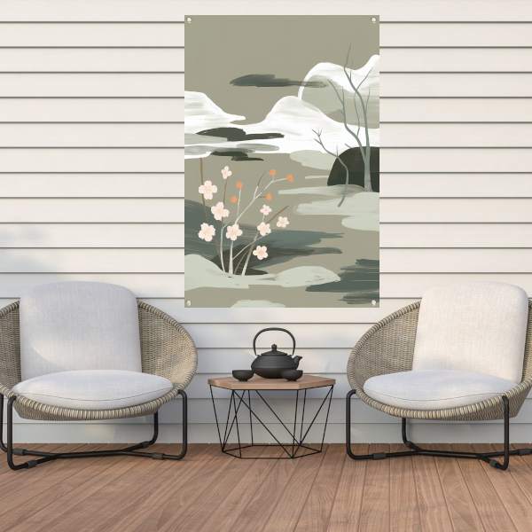 Minimalistisch schilderij met bloesems en bergen tuinposter