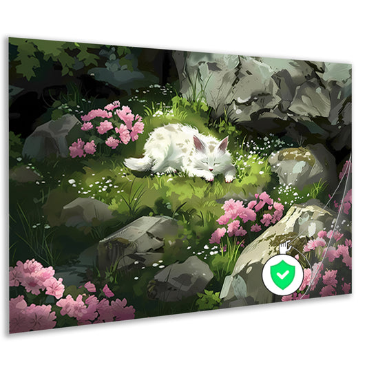 Slapende kat in bloemenrijke tuin poster