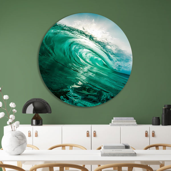 Dynamische oceaan golf met zonlicht aluminium muurcirkel