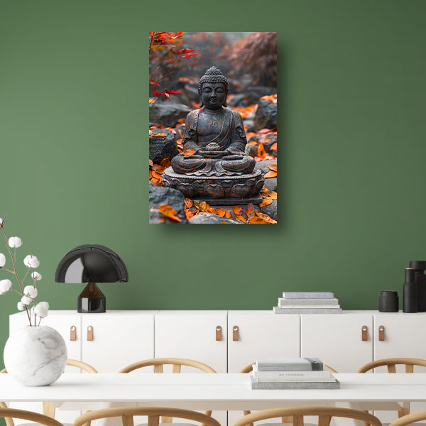 Boeddha in Rust Tussen Herfstbladeren canvas met baklijst