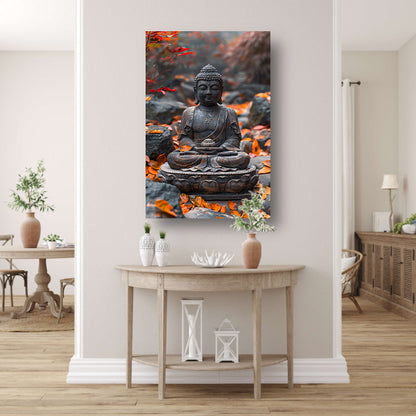 Boeddha in Rust Tussen Herfstbladeren canvas met baklijst