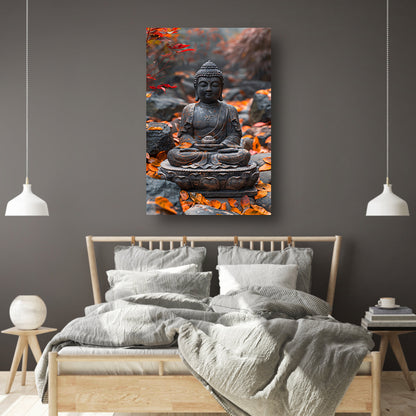 Boeddha in Rust Tussen Herfstbladeren canvas met baklijst