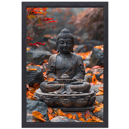 Boeddha in Rust Tussen Herfstbladeren canvas met baklijst