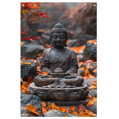 Boeddha in Rust Tussen Herfstbladeren tuinposter