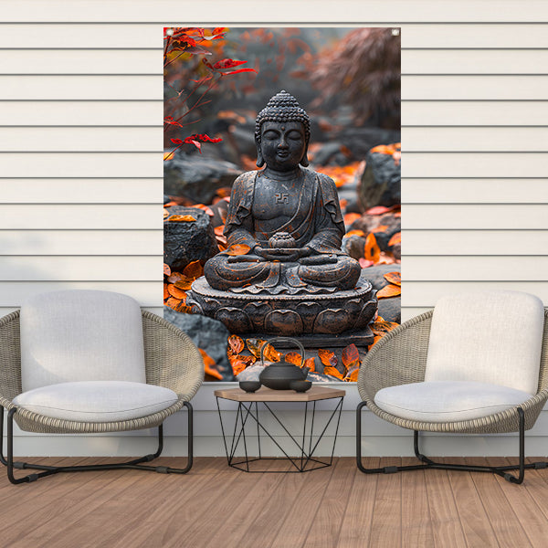 Boeddha in Rust Tussen Herfstbladeren tuinposter