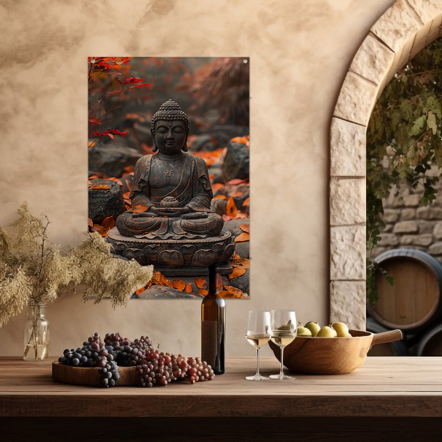 Boeddha in Rust Tussen Herfstbladeren tuinposter
