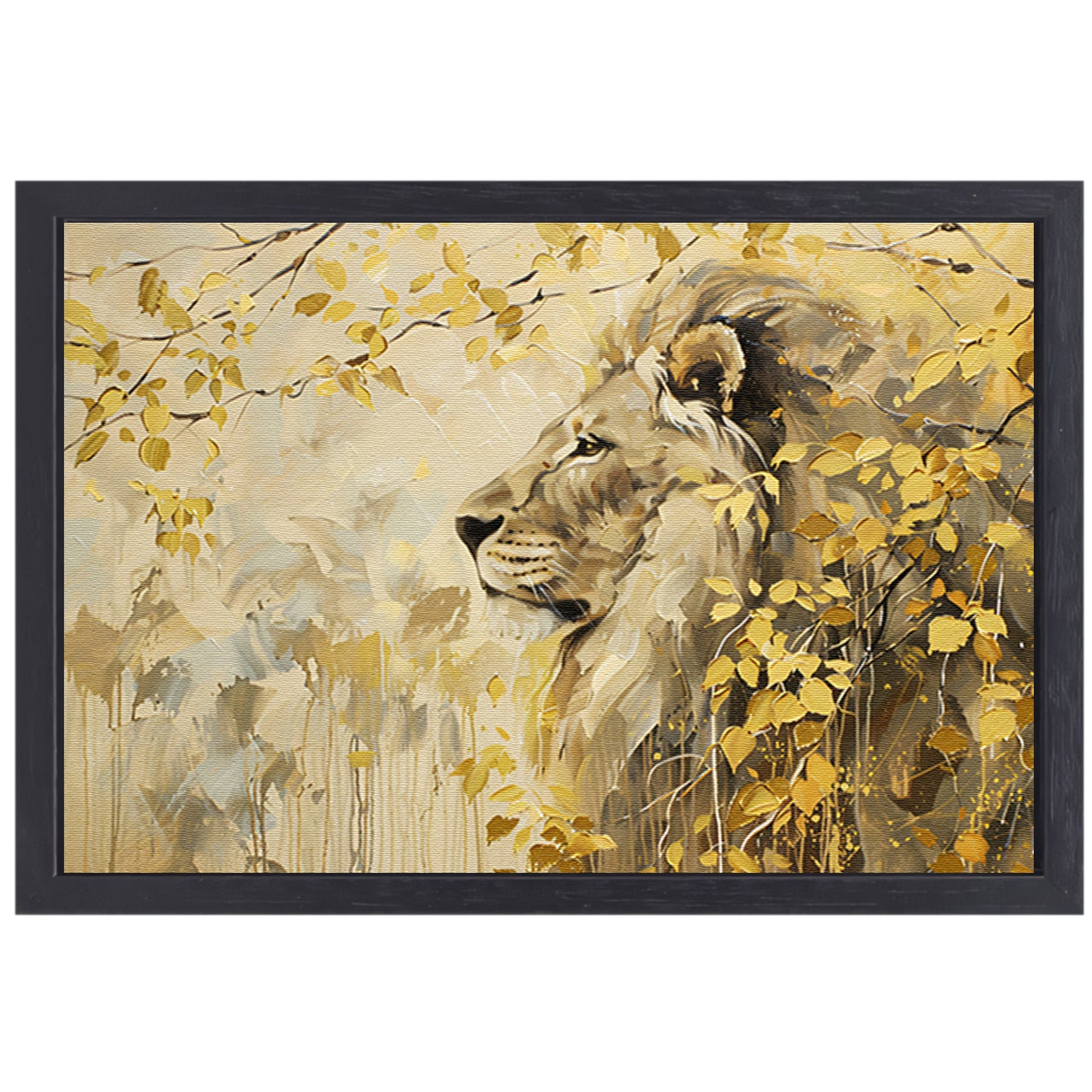 Moderne schilderij van een leeuw en bladeren canvas met baklijst