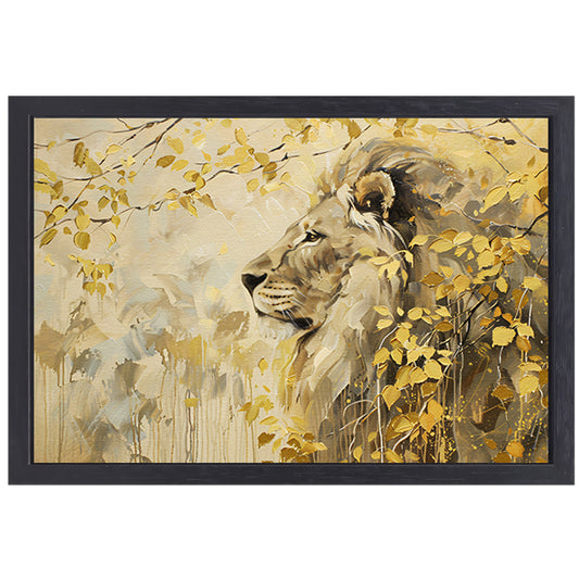 Moderne schilderij van een leeuw en bladeren canvas met baklijst