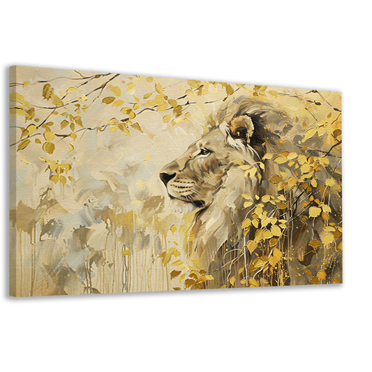 Moderne schilderij van een leeuw en bladeren canvas