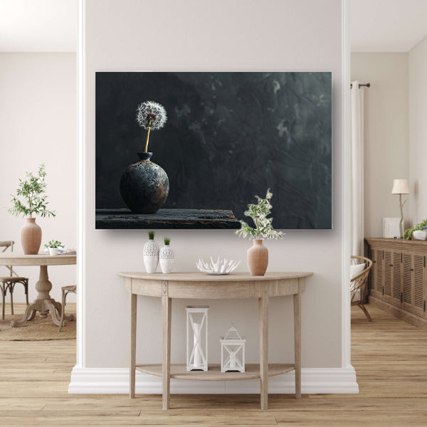 Eenzame paardenbloem in antieke vaas canvas