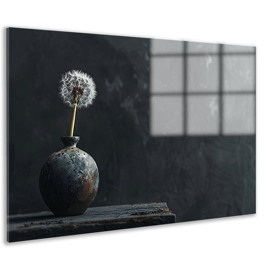 Eenzame paardenbloem in antieke vaas acrylglas