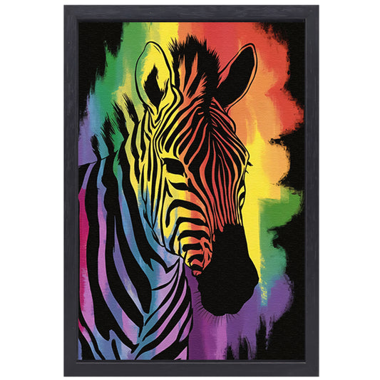 Kleurrijk zebra schilderij met regenboog canvas met baklijst