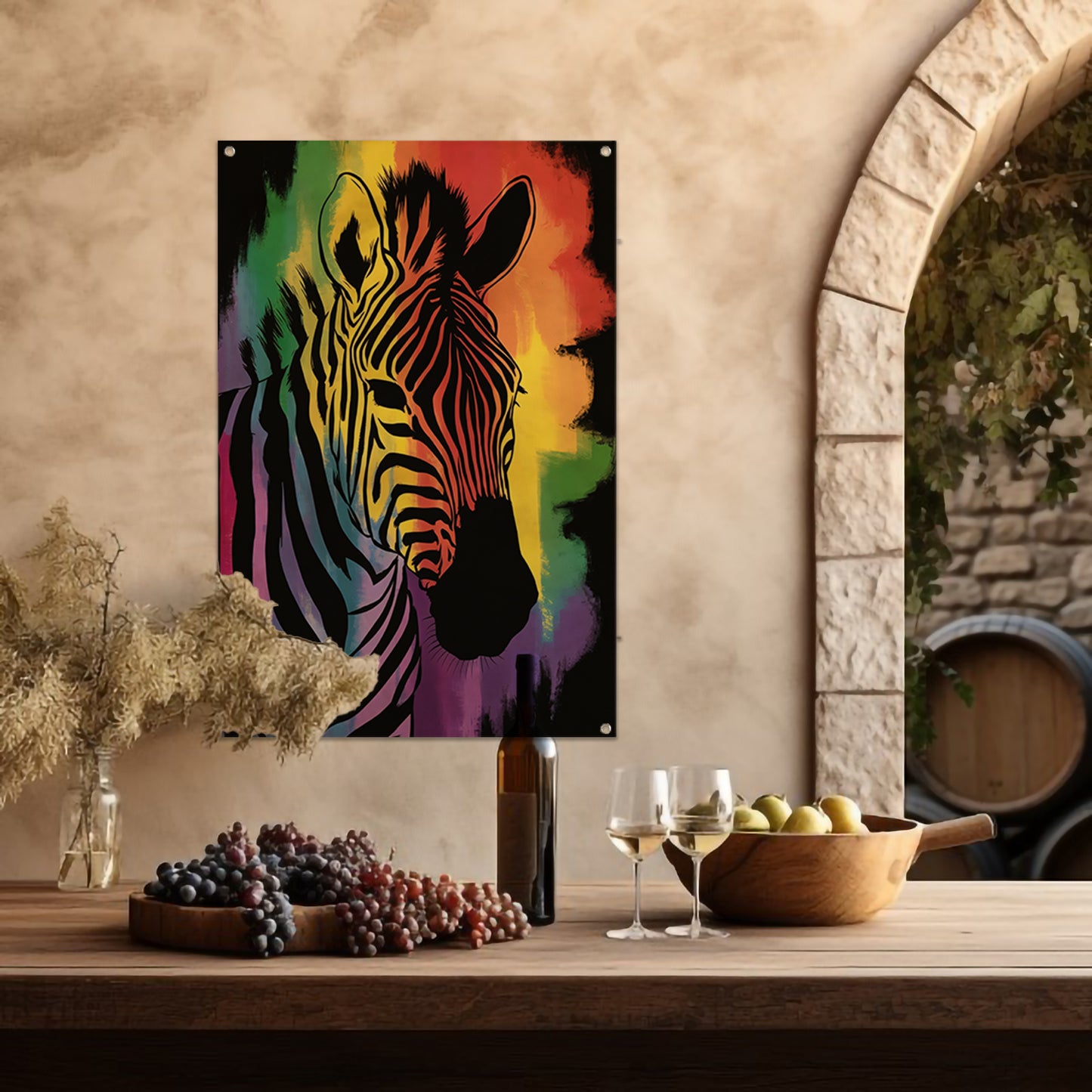 Kleurrijk zebra schilderij met regenboog tuinposter