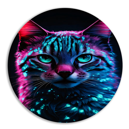 Futuristische neon kat in digitale kunst aluminium muurcirkel