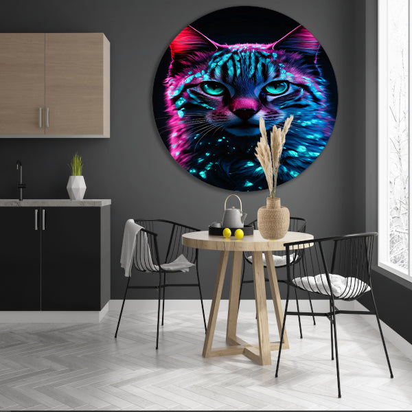 Futuristische neon kat in digitale kunst aluminium muurcirkel