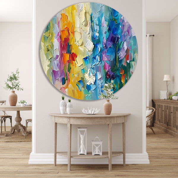 Abstract kleurrijk schilderij met bloemenmotief aluminium muurcirkel