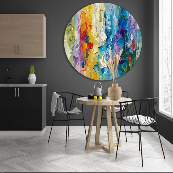 Abstract kleurrijk schilderij met bloemenmotief aluminium muurcirkel