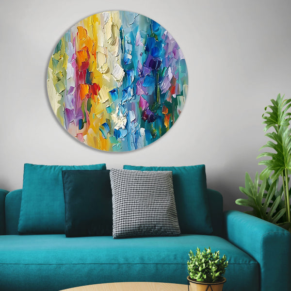 Abstract kleurrijk schilderij met bloemenmotief aluminium muurcirkel