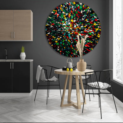 Kleurrijk abstract kunstwerk met geometrische vormen aluminium muurcirkel