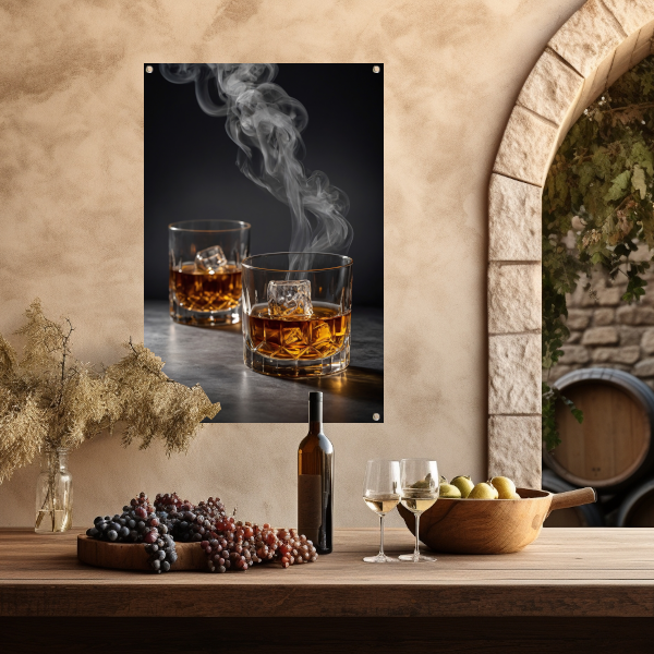 Elegante whiskeyglazen met rook op zwarte achtergrond tuinposter