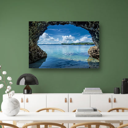 Zeezicht vanuit een grot met turquoise water poster