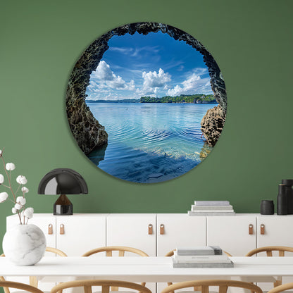 Zeezicht vanuit een grot met turquoise water aluminium muurcirkel