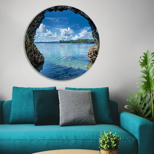 Zeezicht vanuit een grot met turquoise water aluminium muurcirkel