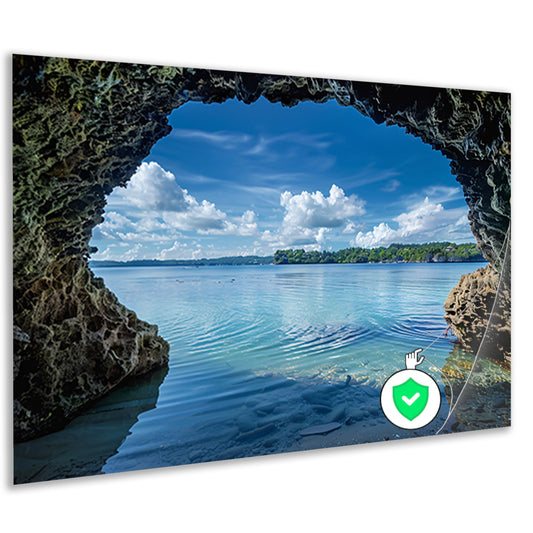 Zeezicht vanuit een grot met turquoise water poster