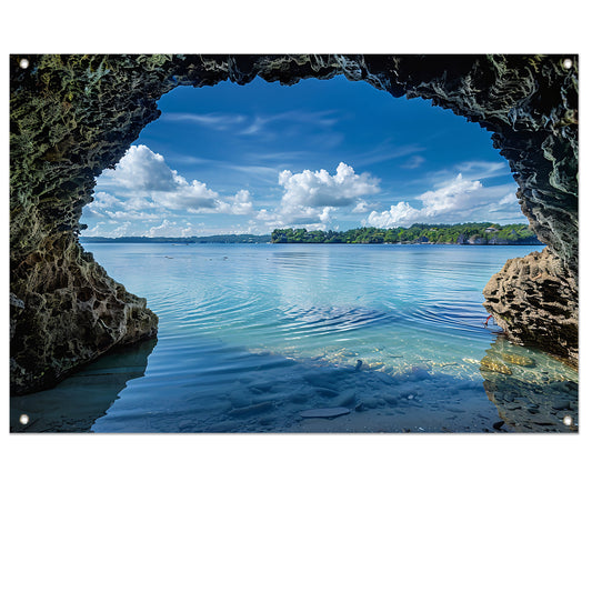 Zeezicht vanuit een grot met turquoise water tuinposter
