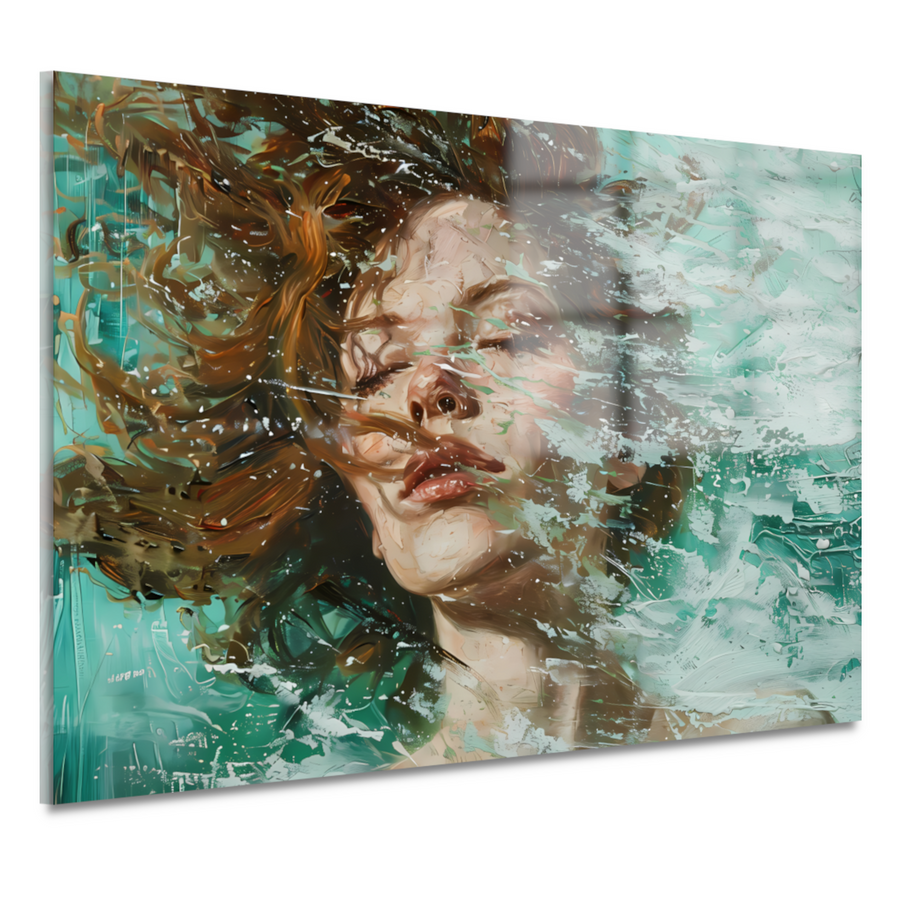 Dynamisch abstract portret in turquoise en bruin acrylglas