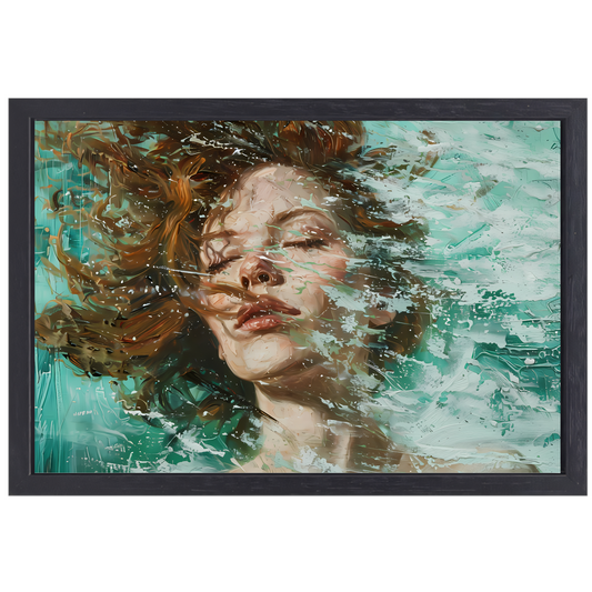Dynamisch abstract portret in turquoise en bruin canvas met baklijst