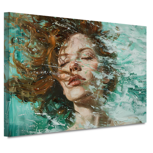 Dynamisch abstract portret in turquoise en bruin canvas