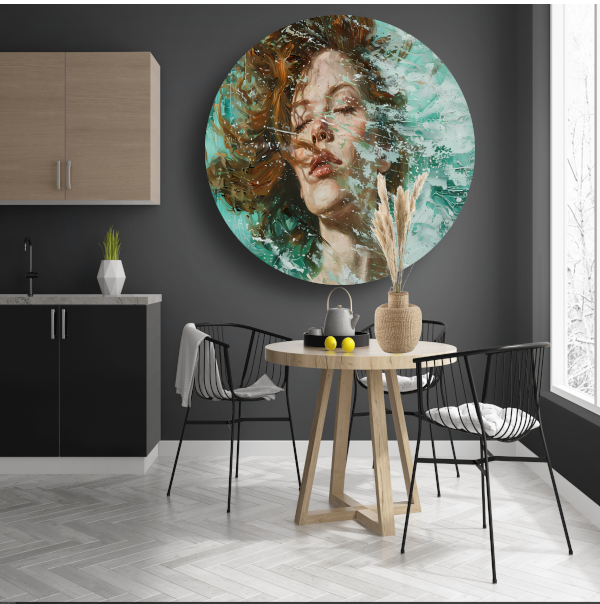 Dynamisch abstract portret in turquoise en bruin aluminium muurcirkel