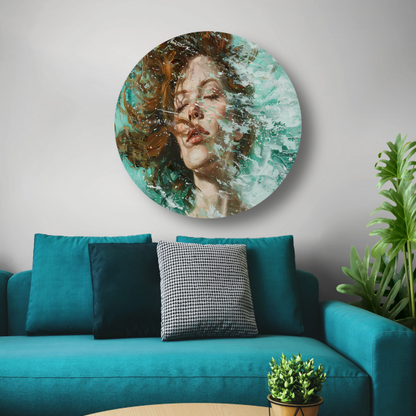 Dynamisch abstract portret in turquoise en bruin aluminium muurcirkel